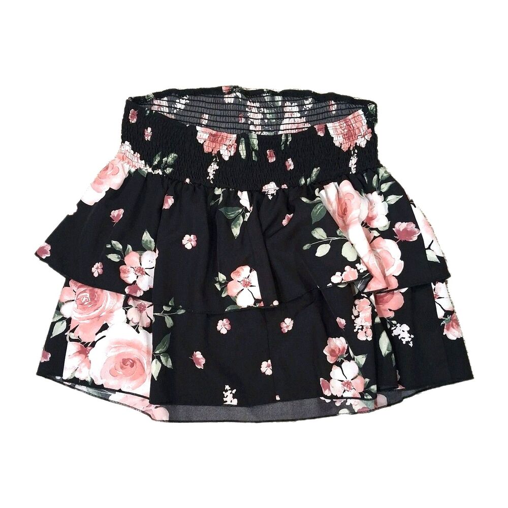floral smocked 32in waist ruffled tiered mini skirt black pink rose boho womens